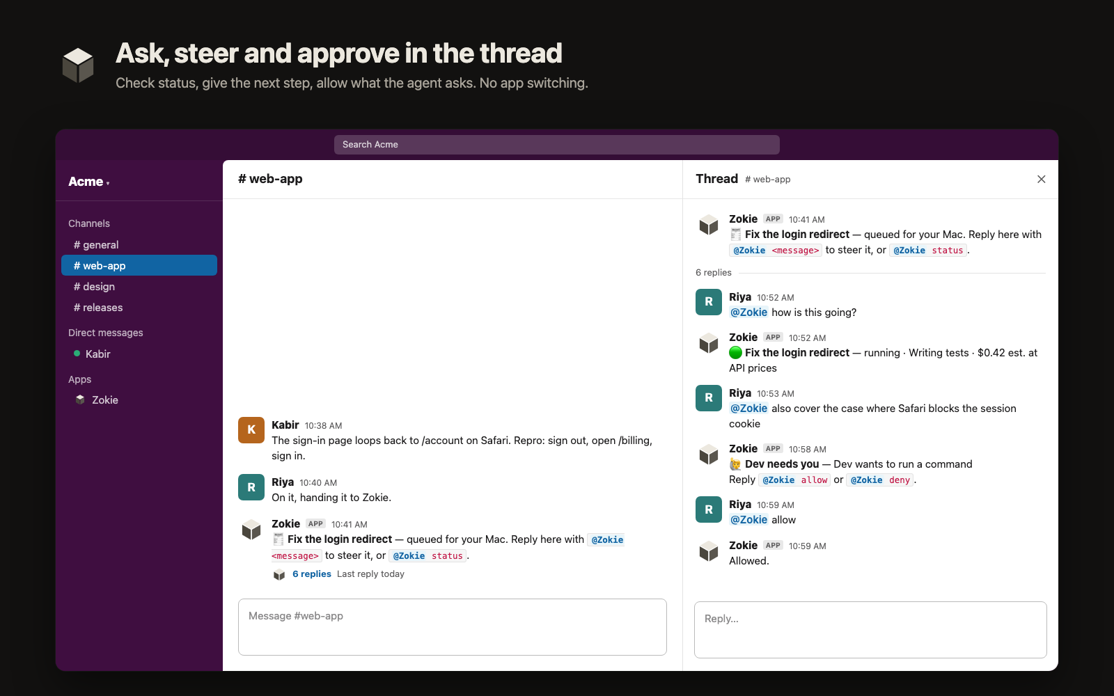 A Slack thread where Zokie answers a status question and a permission request is allowed