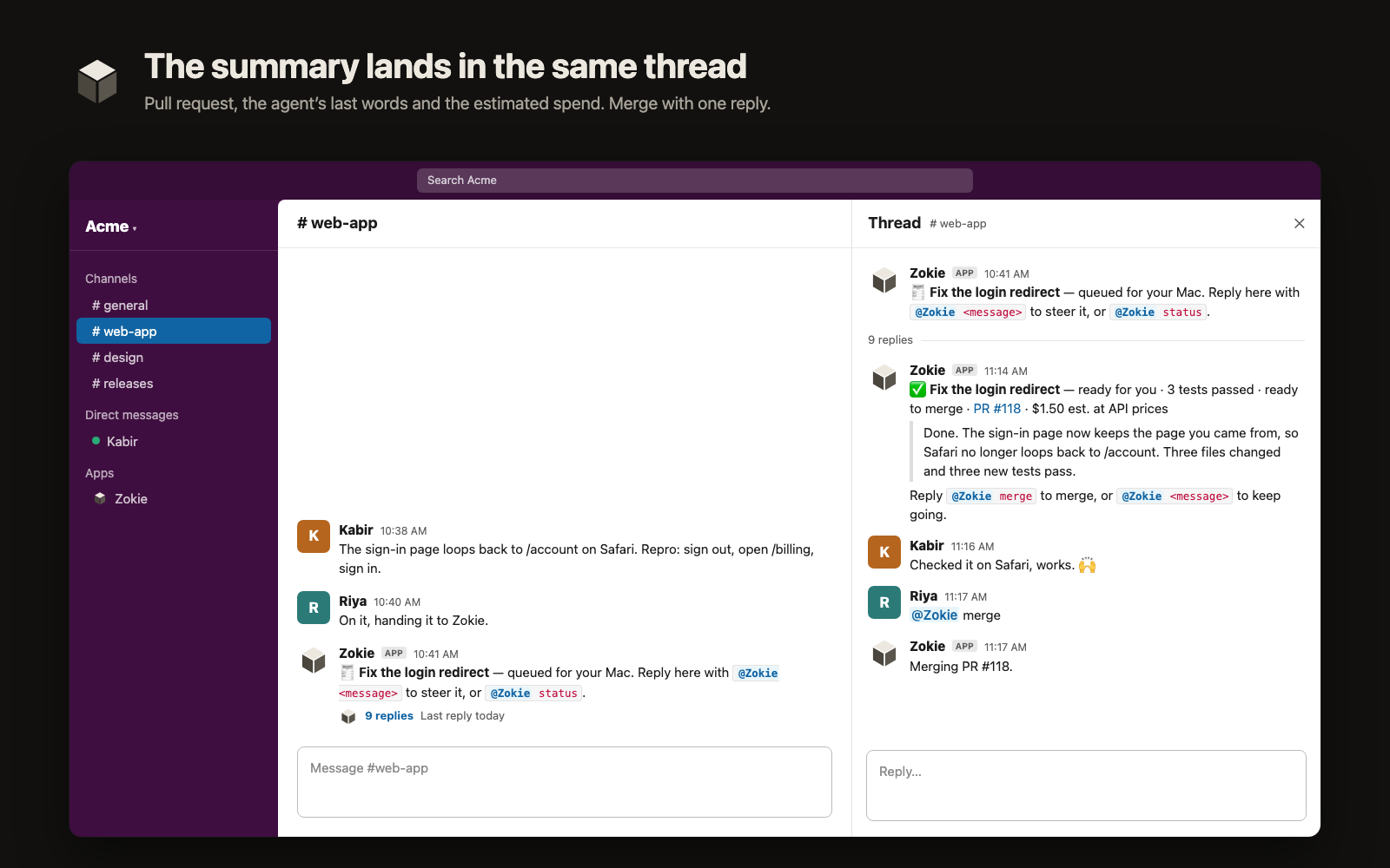 Zokie's summary in the thread with the pull request link and the agent's last message